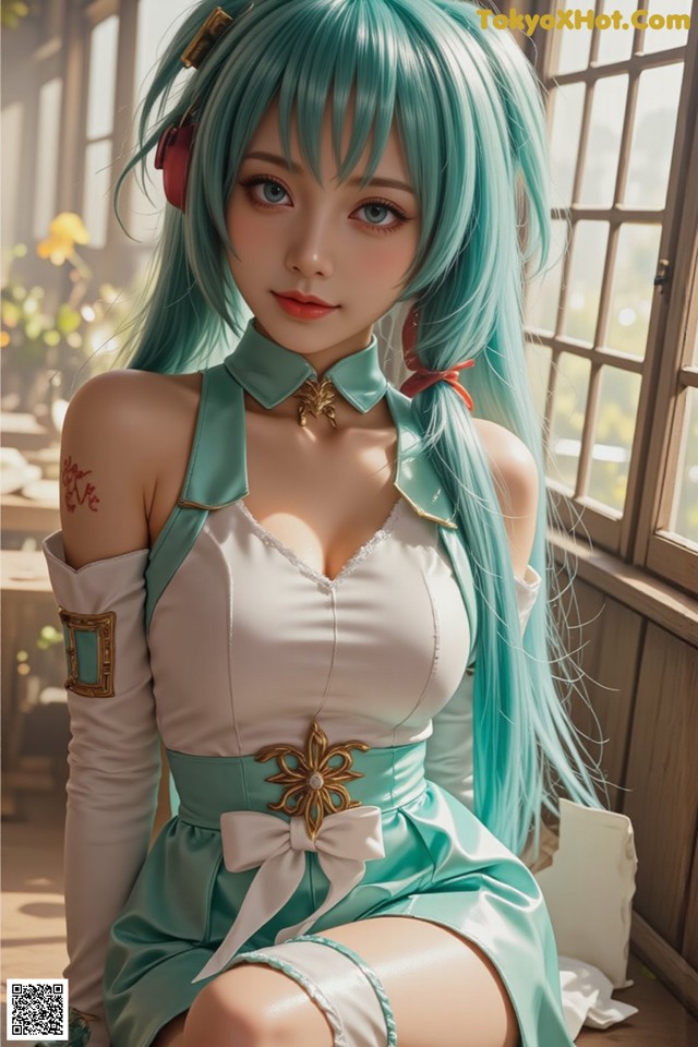 A woman with long blue hair wearing a green and white dress.