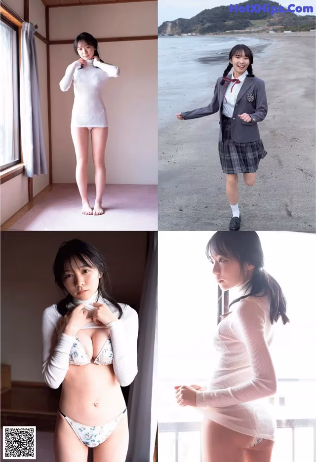 A series of photos of a woman in a school uniform.