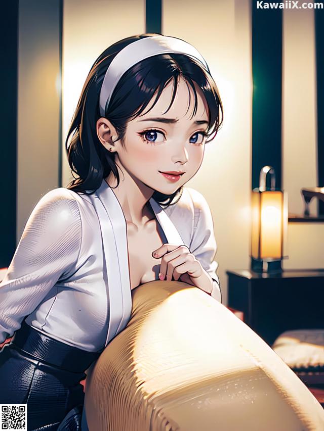 A woman in a white shirt and black skirt sitting on a bed.