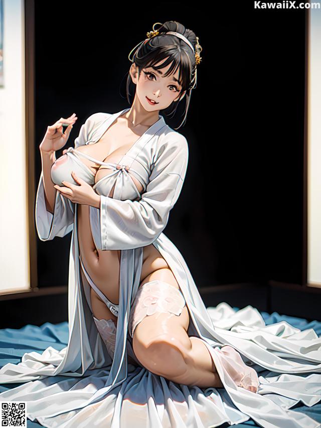 A woman in a white kimono sitting on a bed.