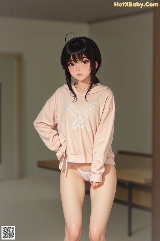 A woman in a pink sweatshirt and panties posing for a picture.