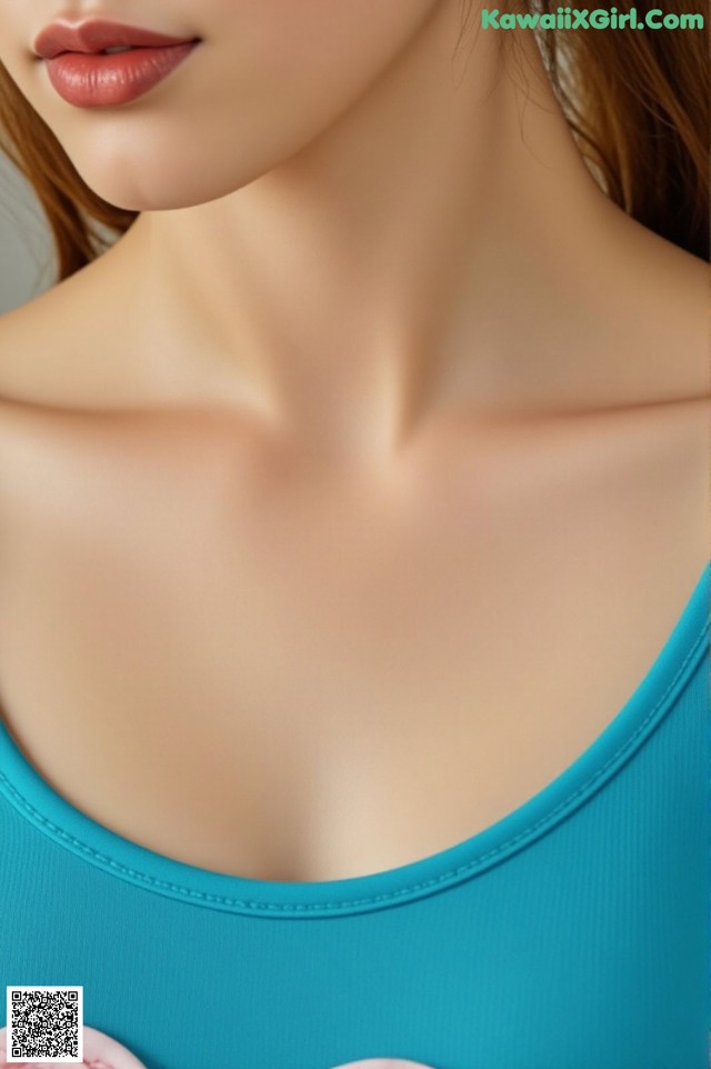 a close up of a woman wearing a blue top