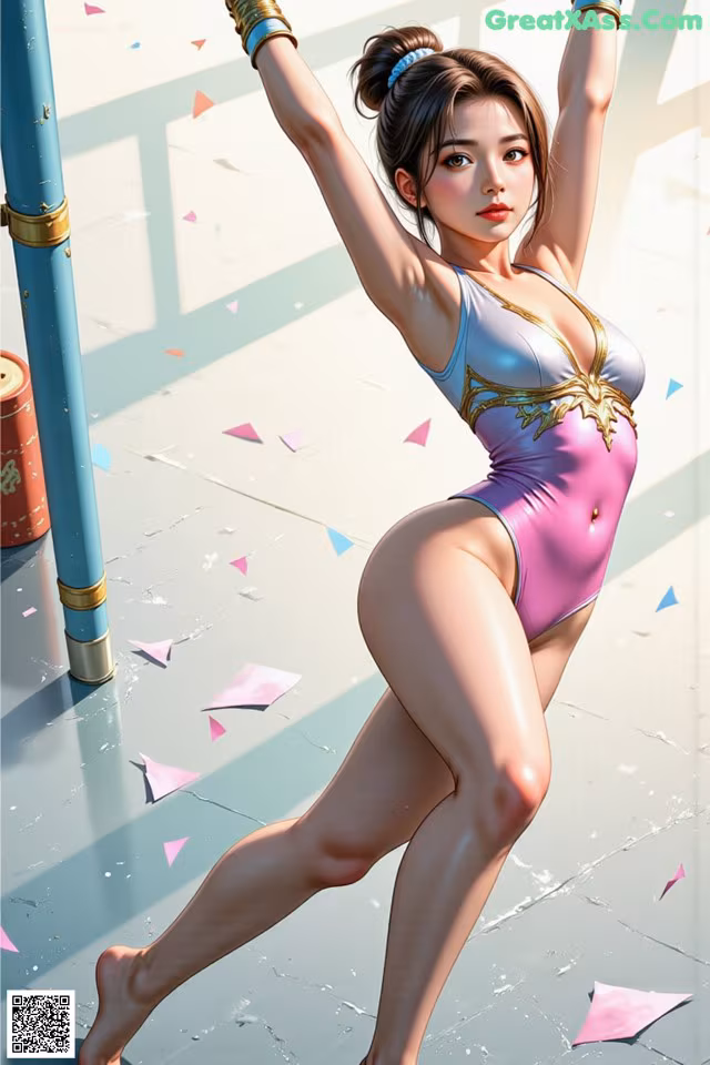 A woman in a pink bathing suit is dancing.